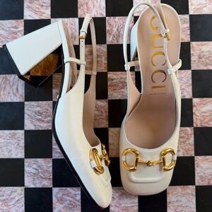 Gucci Women's Horsebit Slingback Heels Malaga Kid Mystic White Size 41
